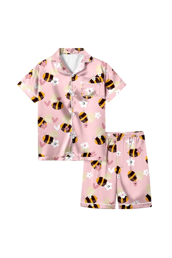 Girls 2 Piece Sets Fashion Festival Printed Button Down Lapel Short Sleeved Top Shorts Pajamas Set Sweet And Cute Clothes Suit Size 12-13 Years