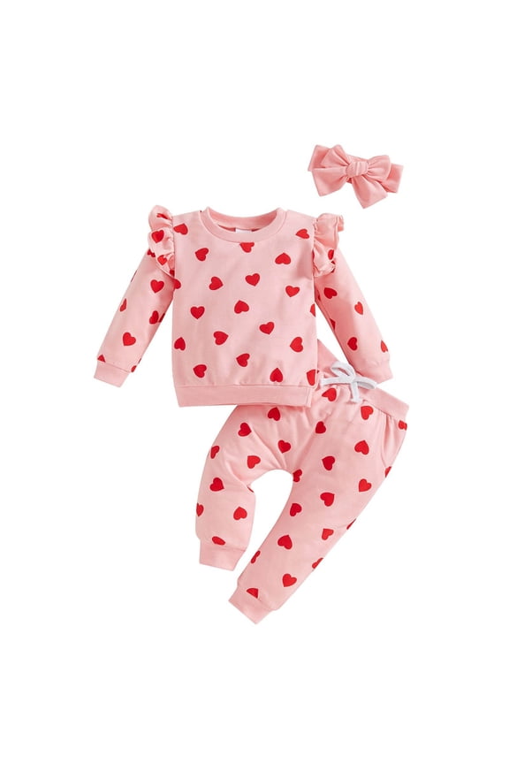 Girls 2 Piece Sets Long Sleeve Heart Print Pajama Soft Two Piece Outfit For Sleep And Play Trend Matching Suit Size 6M