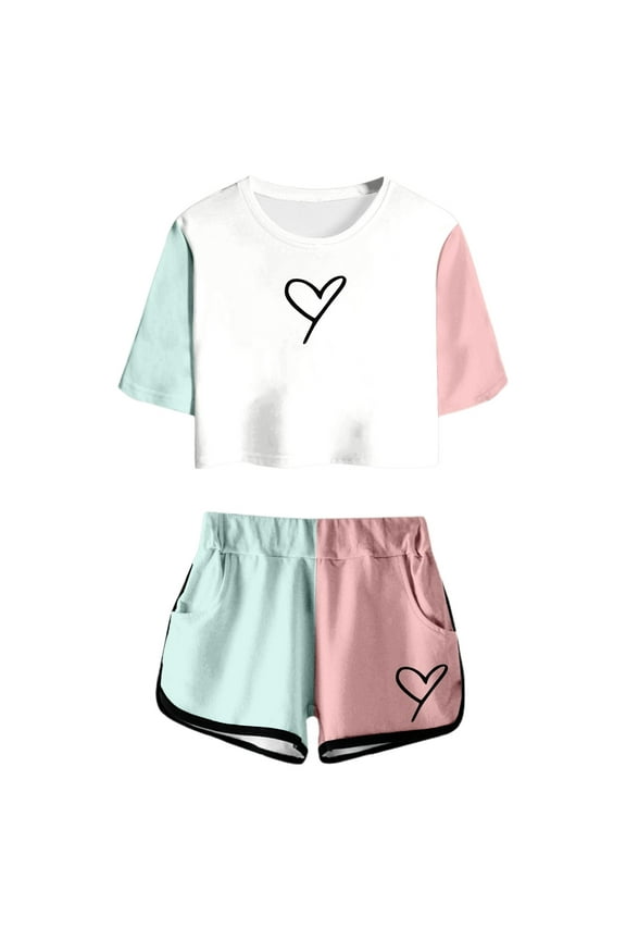 Girls 2 Piece Sets Summer Print Short Sleeve Top And Shorts Set Cute Round Neck Casual Outfit For Teens And Juniors Soft Matching Set Size 13-14 Years