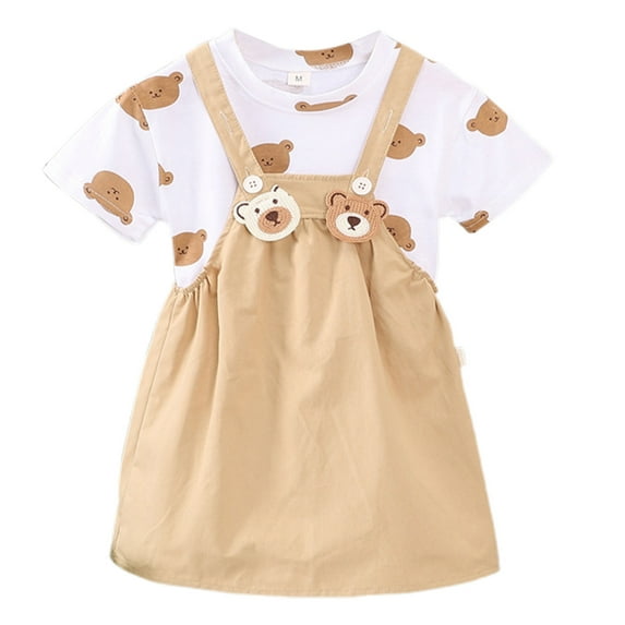 BJUTIR Girls 2 Piece Sets Toddler Short Sleeve Shirt And Suspender Dress Outfit Set Soft Matching Set Size 18-24 Months