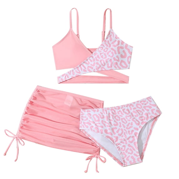 BJUTIR Girls Bathing Suits 3 Piece Swimsuits Leopard Print Wrap Bikini Set Swimsuits With Coverup Skirt Trend Summer Beachwear Pink Size 9-10 Years