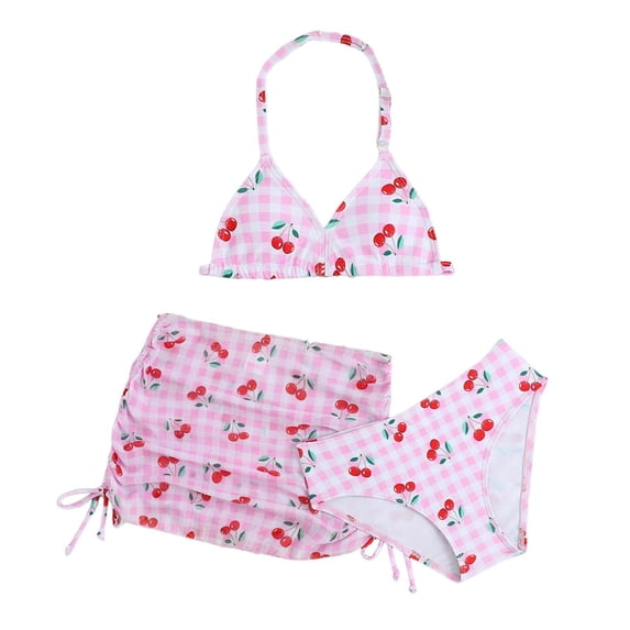 BJUTIR Girls Bathing Suits Bikini Set Swimwear Cherry Print Two Piece With Rash Guard Top And Bottom Breathable Summer Beachwear Pink Size 10-11 Years