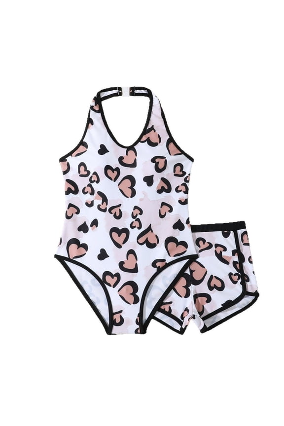 Girls Bathing Suits Heart Print Swimsuit With Cover Up Shorts Swimsuit Trend Summer Beachwear Light Pink Size 60