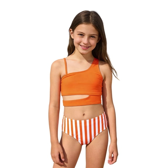 BJUTIR Girls Bathing Suits Stylish One Shoulder Ruffle Bikini Set Beach Swimwear Two Piece Outfit For Pool Party Stylish Summer Beachwear Orange Size 4-5 Years
