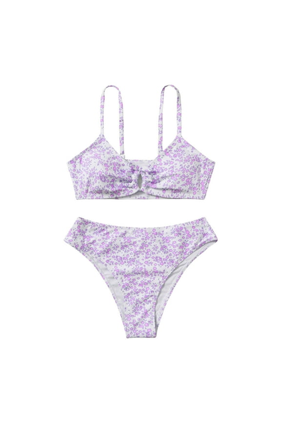 Girls Bathing Suits Swimwear 2 Piece Set Floral Print Strappy Bikini Set Swimsuit For Teen Beach Vacation Pool Party Relaxed Fit Summer Beachwear Purple Size 13-14 Years