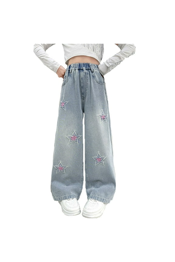 Girls Casual Pants With Star Patchwork Lace Trim Wide Leg Design Comfortable Elastic Waist For Spring Summer Daily Softness Blue Trousers Size 4-5 Years