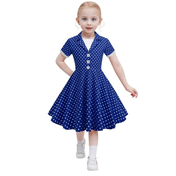 BJUTIR Girls Dresses Kids Retro Short Sleeve Vintage Polka Dots Dress In 50S Style Versatile Navy Sundress Size 9-10 Years