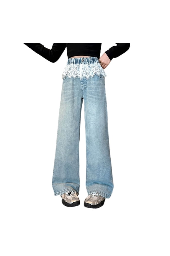 Girls Jeans Denim Pants Straight Leg Casual Pants With Lace Trim Wide Leg Design For Autumn Seasons Leisure Blue Trousers Size 7-8 Years