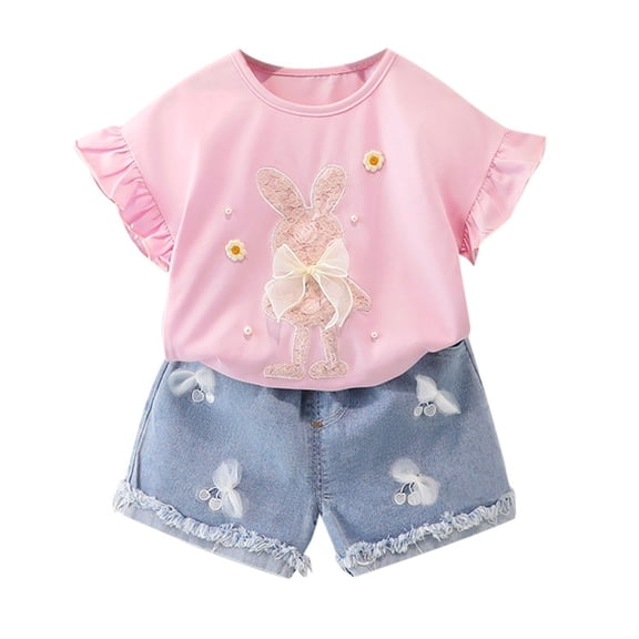 BJUTIR Girls Outfits Toddler Easter Clothes Baby Summer Cute Bunny Bow Applique Shirts Tops Denim Shorts Set Skin-Friendly Pink Clothing Set