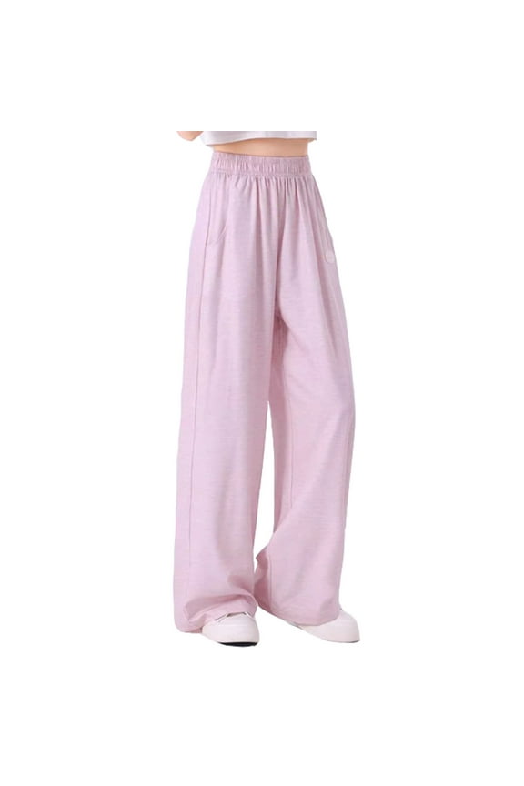 Girls Pants Solid Color Casual High Elastic Waisted Drawstring Loose Fit Sweatpants Streetwear Softness Grey Trousers Size 9-10 Years