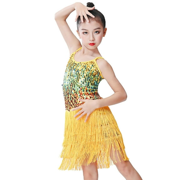 BJUTIR Girls Sequin Dress Latin Dance Dress Performance Fringe Stage Show Dress Fashion Yellow Sundress Size 10-12 Years