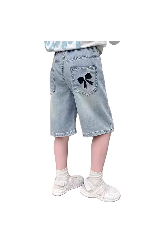 Girls Shorts Casual Elastic High Waist Denim Shorts With Pocket Stylish Light Blue Trousers Size 7-8 Years