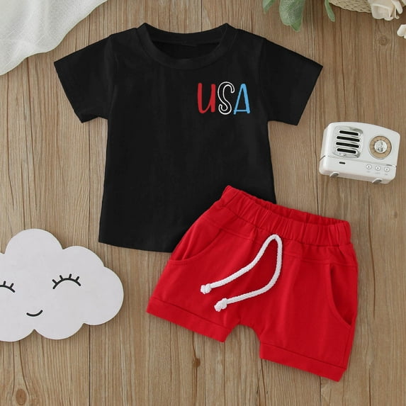 BJUTIR Independence Day Printed Outfits Set For Boys Baby Toddler 4 Of July Short Sleeve Letter Prints T Shirt Tops Shorts Outfits
