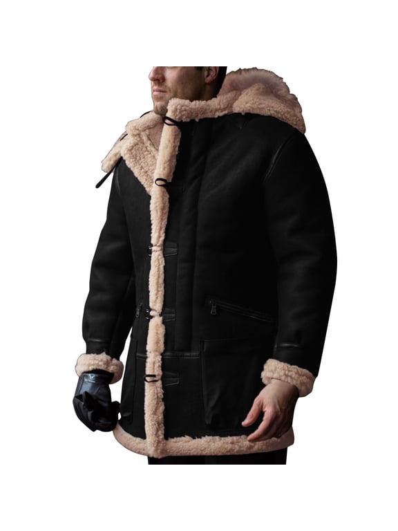 Jackets For Men Plus Size Hooded Winter on Coat Lapel Collar Long Sleeve Padded Leather Jacket Vintage Thicken Coat Sheepskin Jacket