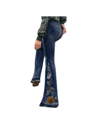 Plus Size Bell Bottom Jeans for Women Floral Embroidered High-Rise
