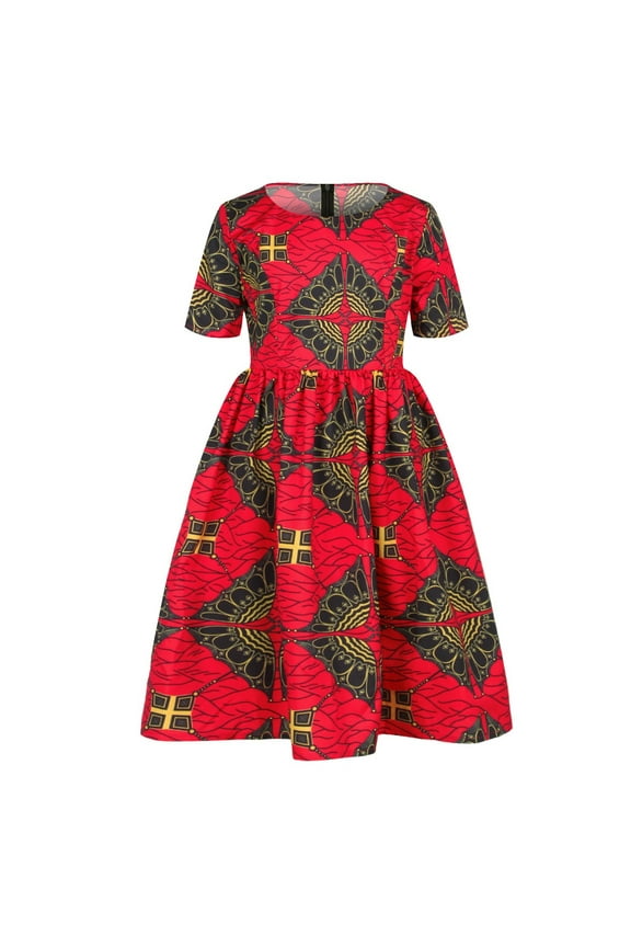 Little Girls Dresses Toddler Kids Baby African Dashiki Traditional Style Short Sleeve Round Neck Dress Ankara Princess Dresses Outfits 1-6Y