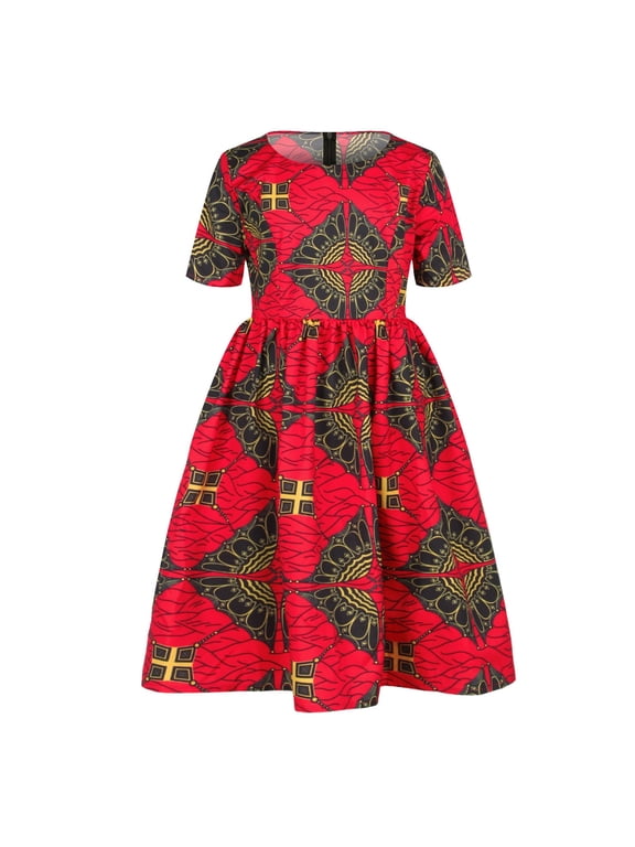 Little Girls Dresses Toddler Kids Baby African Dashiki Traditional Style Short Sleeve Round Neck Dress Ankara Princess Dresses Outfits 1-6Y