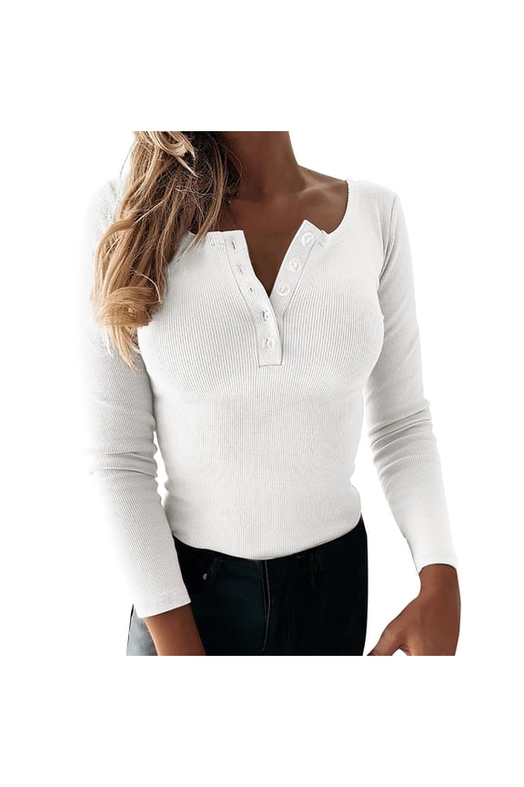 Long Sleeve T Shirts For Women Henley T Shirts Casual Solid Long Sleeve Button V Neck Ribbed Tunic Tops Blouse