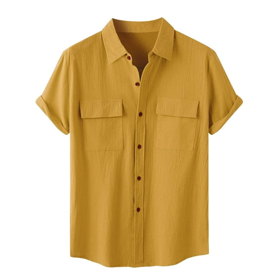 BJUTIR Men's Shirts Summer Hawaii Solid Short Sleeve Double Pocket Turn Down Collar Button Shirts for Men