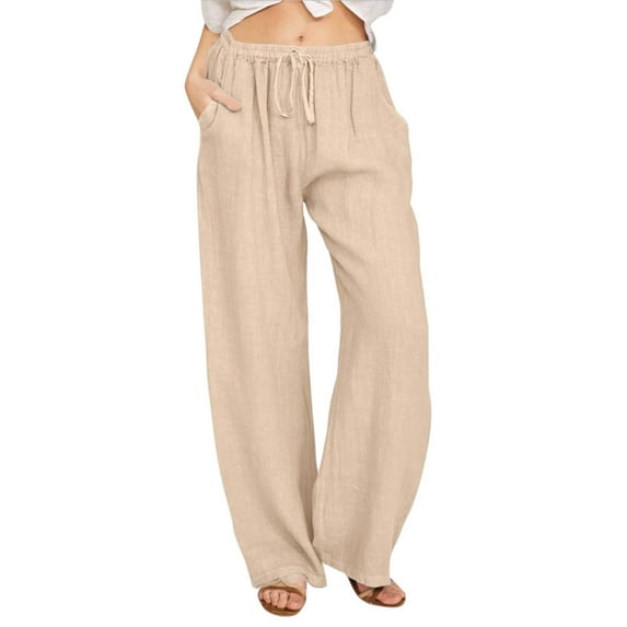 BJUTIR Pants For Women Casual Solid Cotton Blend Drawstring Elastic Waist Pocket Long Wide Leg Pants