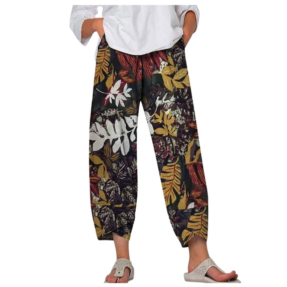 BJUTIR Pants For Women Elastic Waist Pants Printed Wide Loose Linen Cotton Pants Trousers Leg Pants