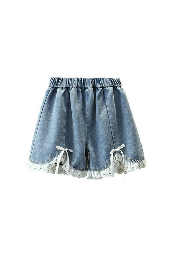 Shorts For Girls Jean Shorts With Bow Detail Casual Comfortable Stretchy Waistband Denim Shorts For Spring Summer Regular Fit Pants Size 3-4 Years