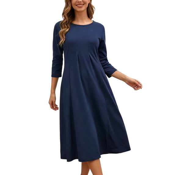 BJUTIR Summer Dresses For Women Casual Solid Dress Round Neck Long Sleeve Mid Calf Swing Dress