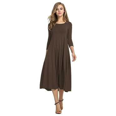 BJUTIR Summer Dresses For Women Casual Solid Dress Round Neck Long Sleeve Mid Calf Swing Dress