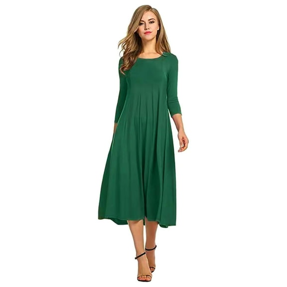 BJUTIR Summer Dresses For Women Casual Solid Dress Round Neck Long Sleeve Mid Calf Swing Dress
