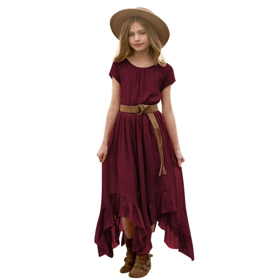 BJUTIR Summer Kids Girls Casual Dresses Kids Vintage Dress Solid Short Sleeve Swing Retro Rockabilly Dresses 7-12Y Party Dresses Irregular Clothes