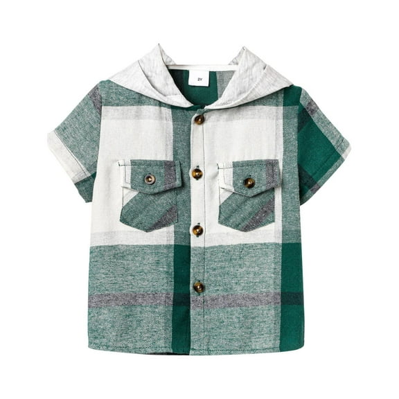 BJUTIR Summer Shirts For Boys Kids Toddler Baby Spring Plaid Short Sleeve Hooded Tshirt Clothing
