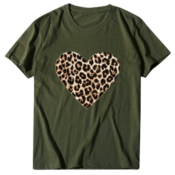 BJUTIR T Shirts For Women Loose Fit Female Valentine'S Day Casual Short Sleeve O Neck Leopard Print Heart-Shaped Top