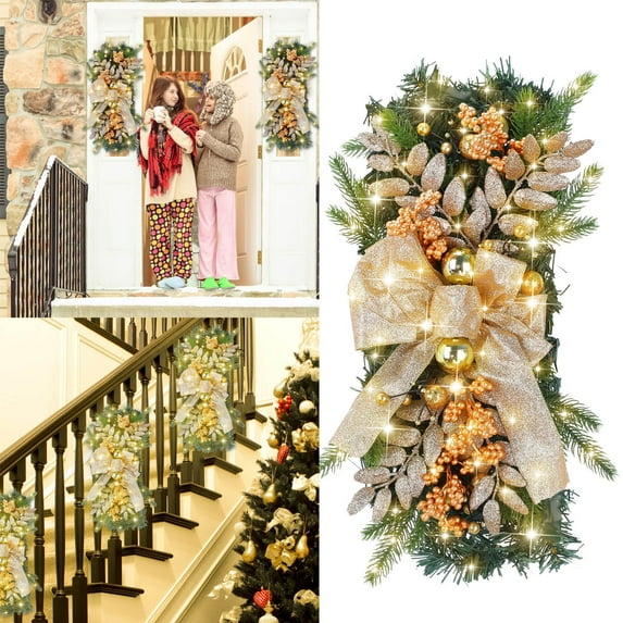 BJUTIR The Cordless Prelit Stairway Trim Christmas Wreaths For Front Door Holiday Wall Window Hanging Ornaments For Indoor Outdoor Home Xmas Decor