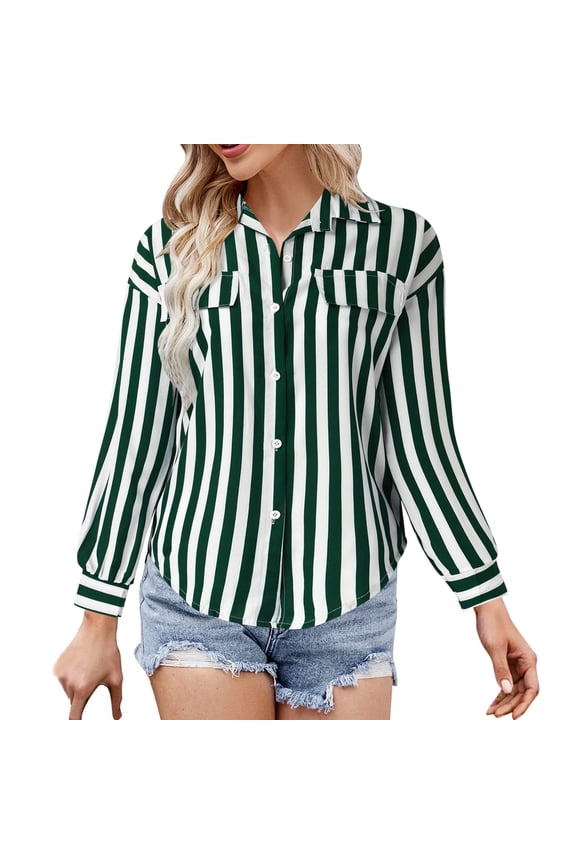 Women Blouse Women Casual Lapel Button Stripe Print Sun Long Sleeve Shirt Top