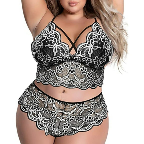 BJUTIR Womens Lingerie Sets Plus Size Lingerie V Neck High Waist Floral Lace Criss Cross Bra And Panty 2 Piece Set No Underwire