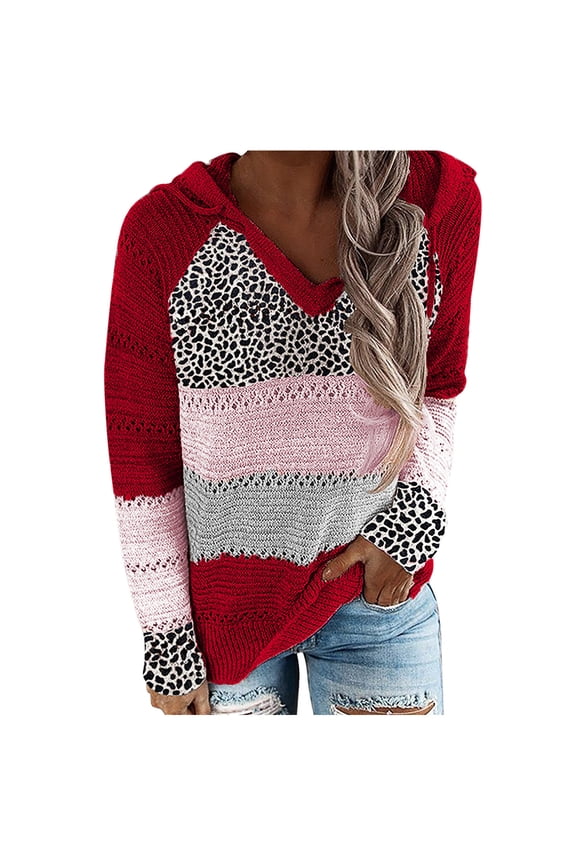 Womens Sweatshirt Oversized Hoodie Fashion Women Leopard Patchwork V-Neck Long Sleeves Hooded Sweater Blouse Tops