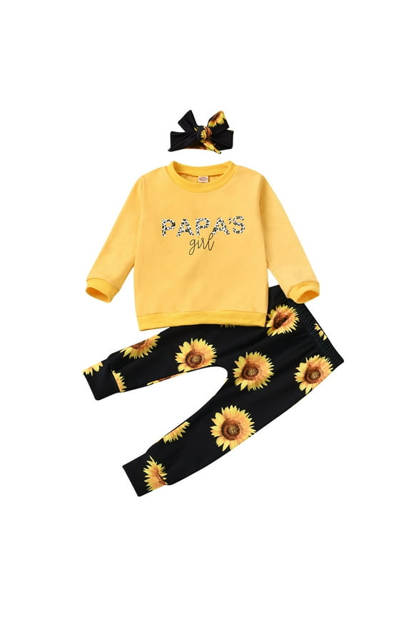 baby girl clothes Baby Long Sleeve Letter Print Tops Sunflower Pants Headband Outfits