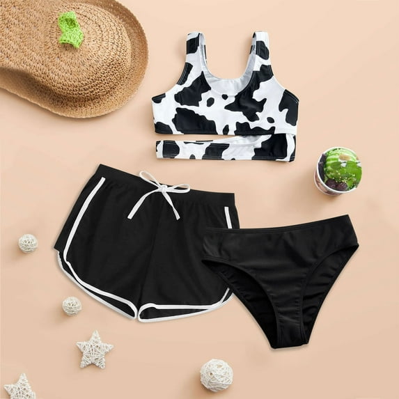 BJUTIR little big girls fashion swimwear Baby Girl Outfits Cow Print Swimwear Solid Color Shorts Summer 3PCS Bikini Swimsuit