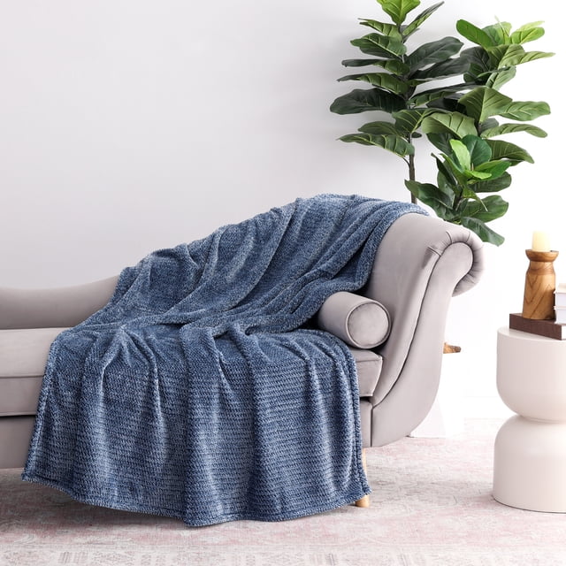 EcoThread ™ Plush Textured Heathered Soft Oversized Throw Blanket, Blue