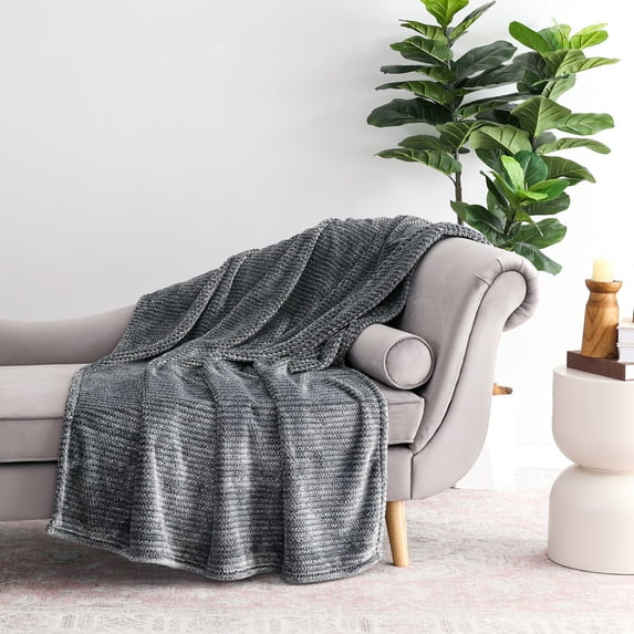EcoThread ™ Plush Textured Heathered Soft Oversized Throw Blanket, Gray