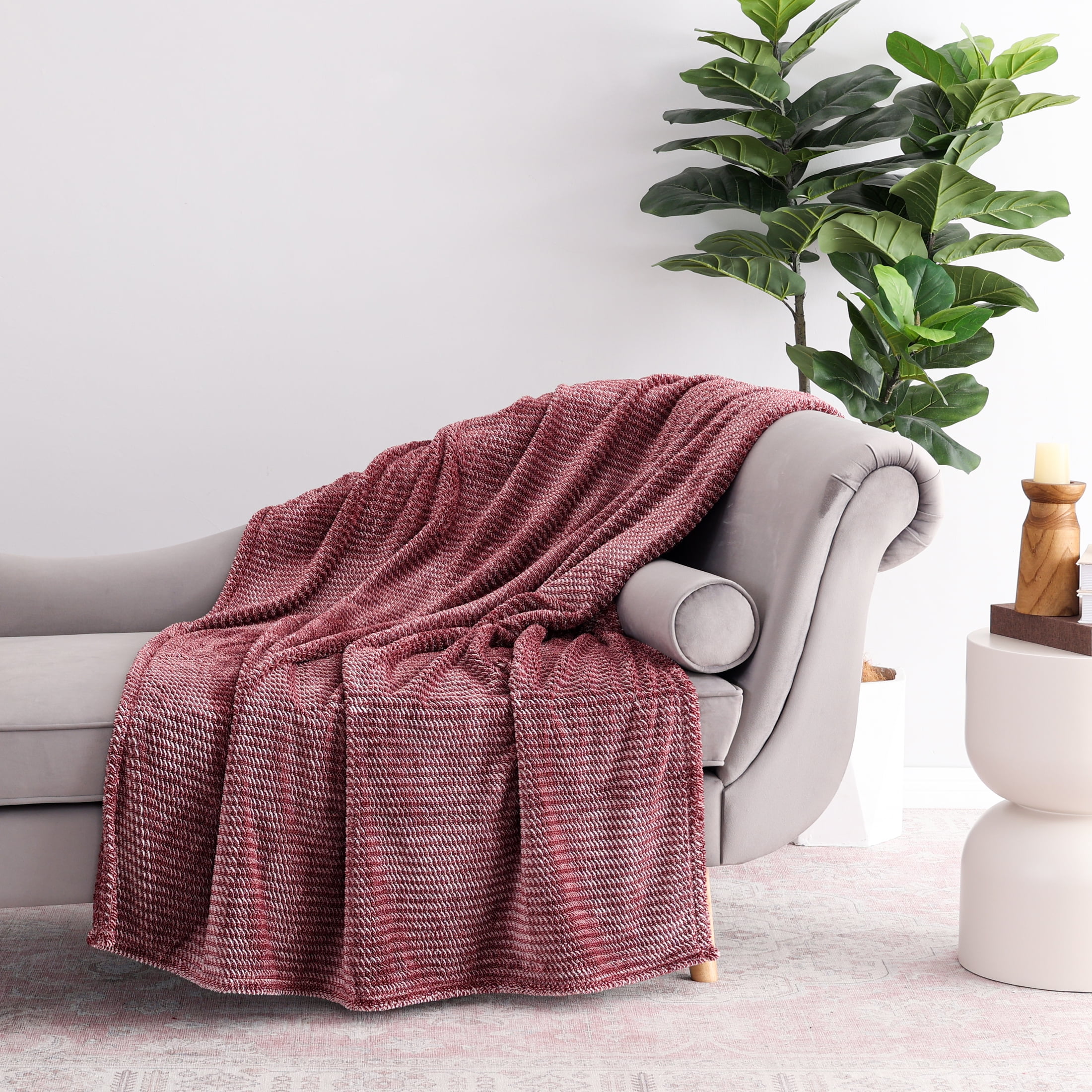 EcoThread Soft Plush Textured Heathered Oversized Couch Throw Blanket, Wine