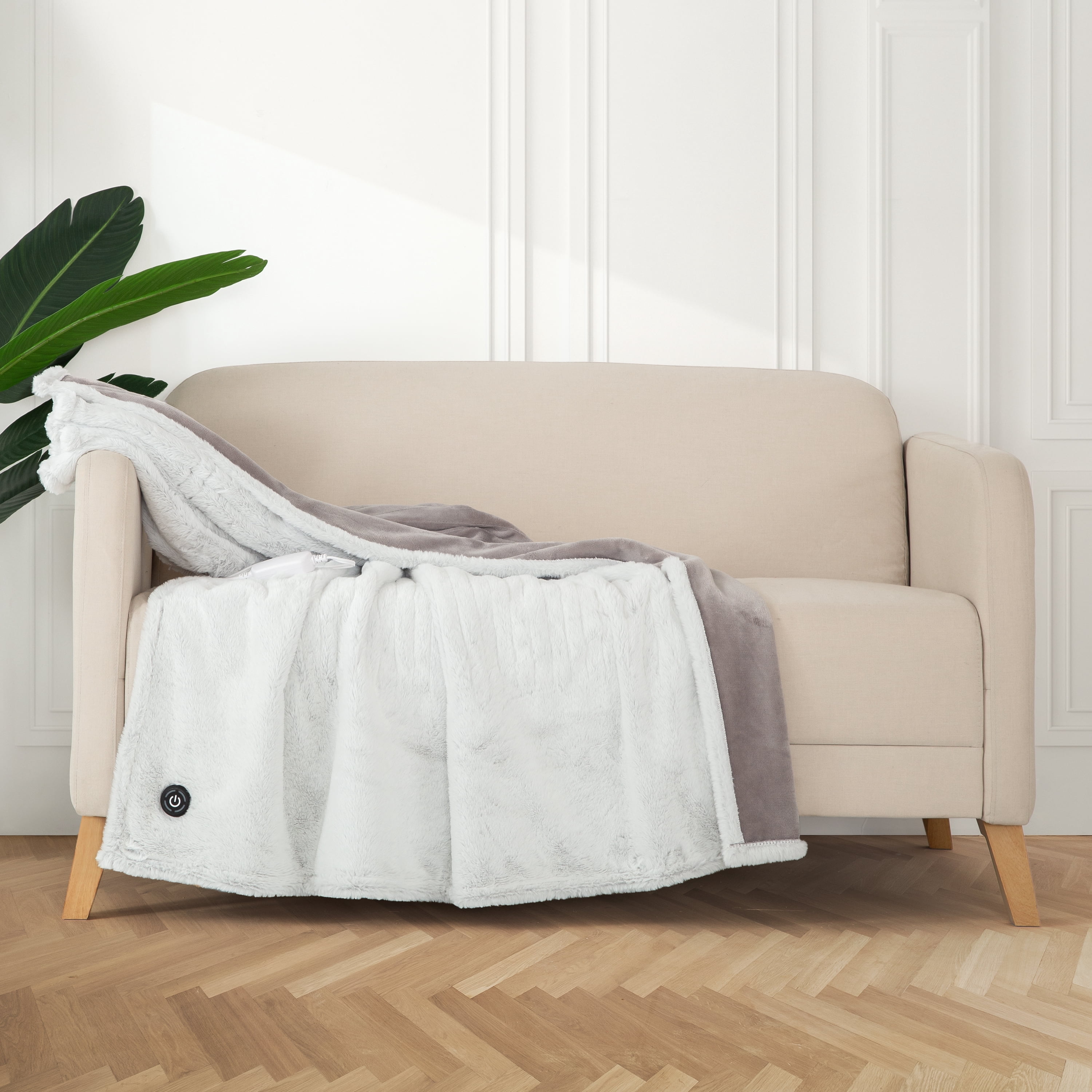 Berkshire Blanket & Home Co. Tipped Faux Fur Reverse Velvet Plush Heated Throw Blanket, Tipped Grey, Standard Size 50"x60"
