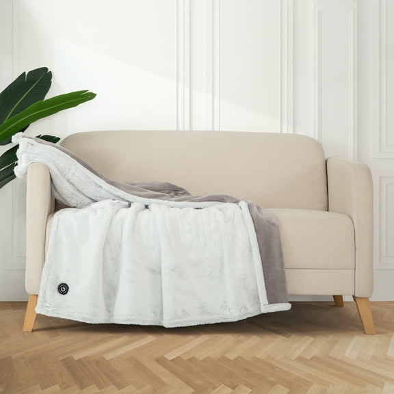 Berkshire Blanket & Home Co. Tipped Faux Fur Reverse Velvet Plush Heated Throw Blanket, Tipped Grey, Standard Size 50"x60"