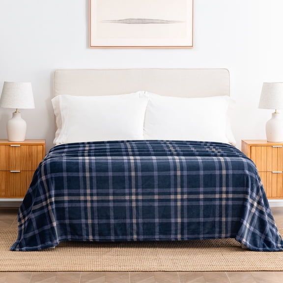 Berkshire Life Cozy Luxe Plush Plaid Bed Blanket, Blue, Full/Queen Size