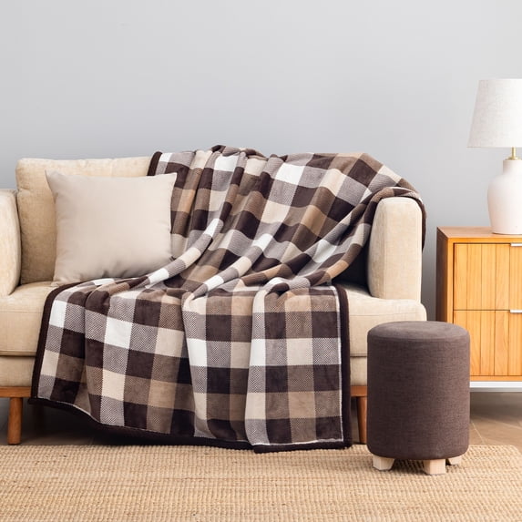 Berkshire Life Brown Plaid Cozy Soft Reversible Oversized Throw Blanket