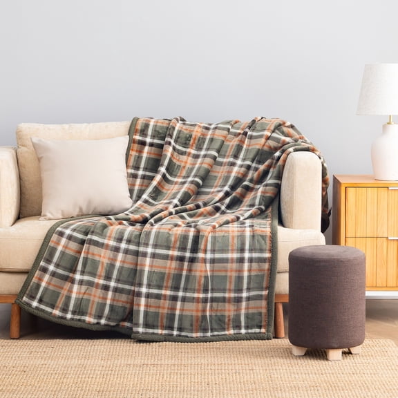 Berkshire Life Cozy Soft Reversible Plush-to-Sherpa Oversized Couch Throw Blanket, Green Plaid, 50 x 70 in
