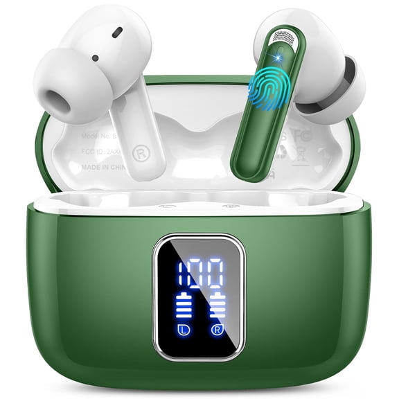 FAMOO Wireless Earbuds, Bluetooth Headphones, 60H Playtime Dual LED Display, Bluetooth 5.4 technology, IPX7 Waterproof, in Ear Earphone with Mic for iPhone Android Phone, Green