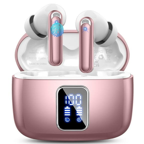 FAMOO Wireless Earbuds, Bluetooth Headphones, 60H Playtime Dual LED Display, Bluetooth 5.4 technology, IPX7 Waterproof, in Ear Earphone with Mic for iPhone Android Phone, Pink