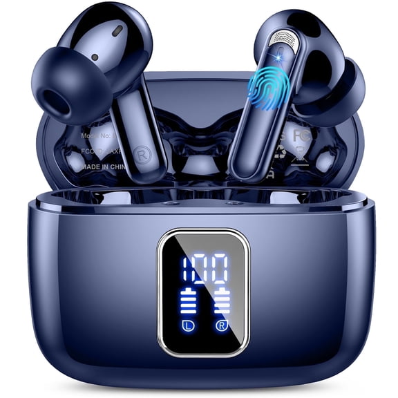 FAMOO Wireless Earbuds, Bluetooth Headphones, 60H Playtime Dual LED Display, Bluetooth 5.4 technology, IPX7 Waterproof, in Ear Earphone with Mic for iPhone Android Phone, Blue