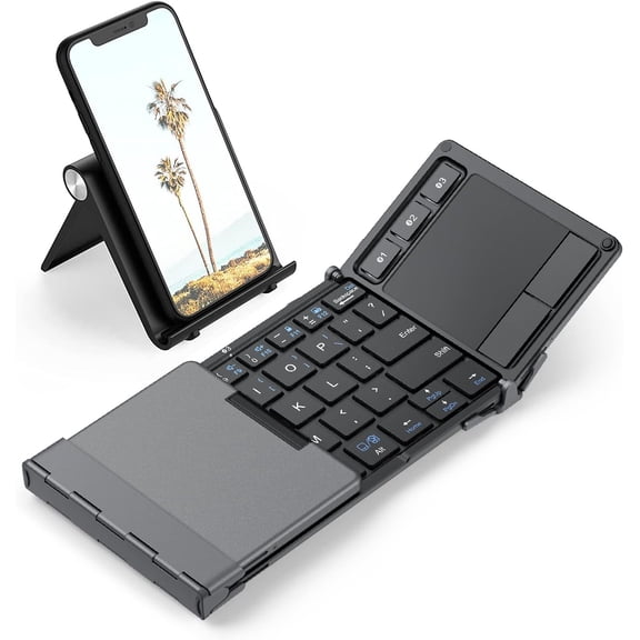 BK08 Foldable Keyboard with Touchpad for Phone and Tablet, Gray | Multi-Touch Trackpad, Pocket-Sized, Aluminum Build, 3-Device Bluetooth Switching, USB-C Charging, for Travel and Remote Work